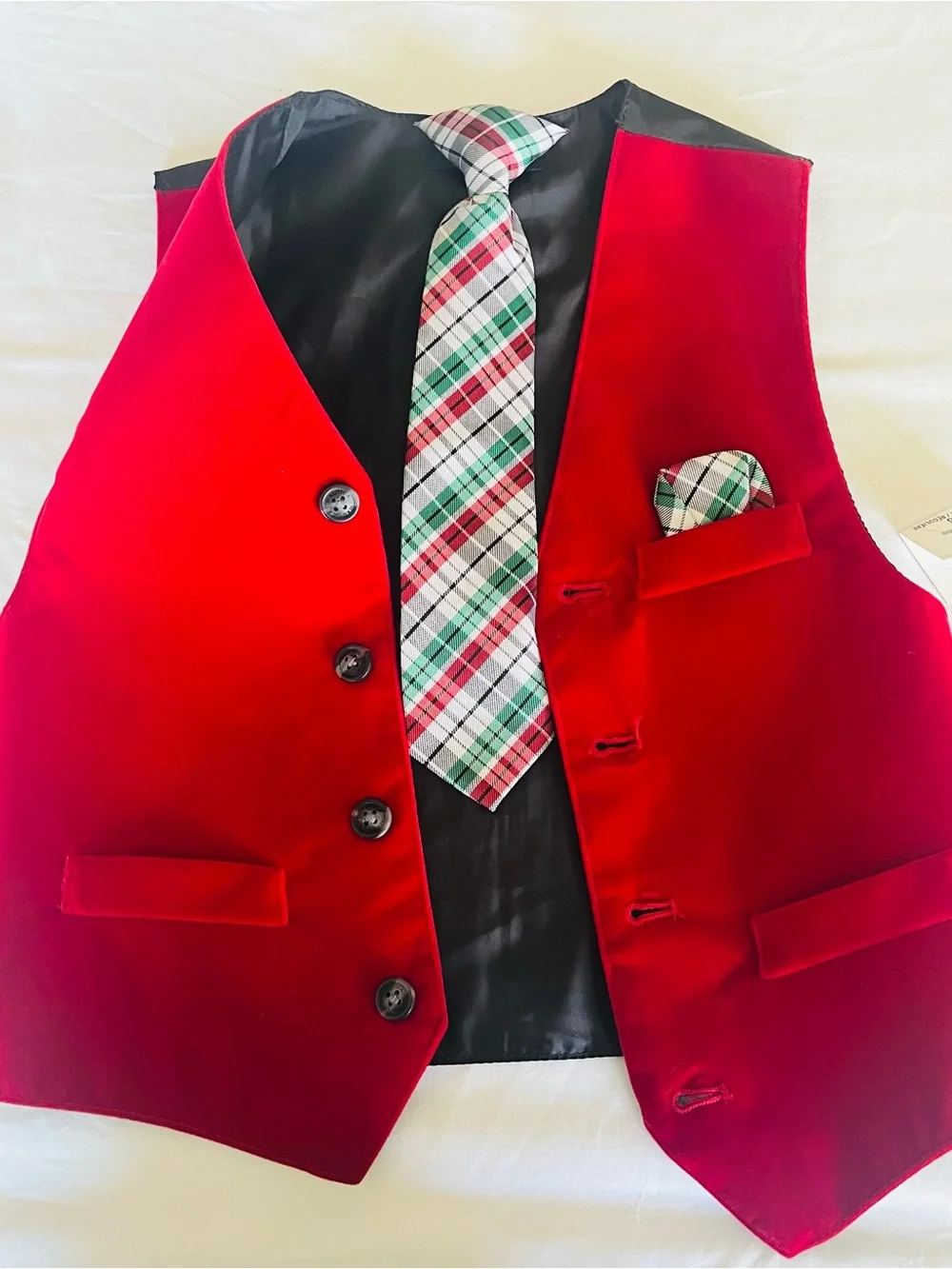Nautica Red Satin FestiveVest with Plaid Tie and Pocket Square